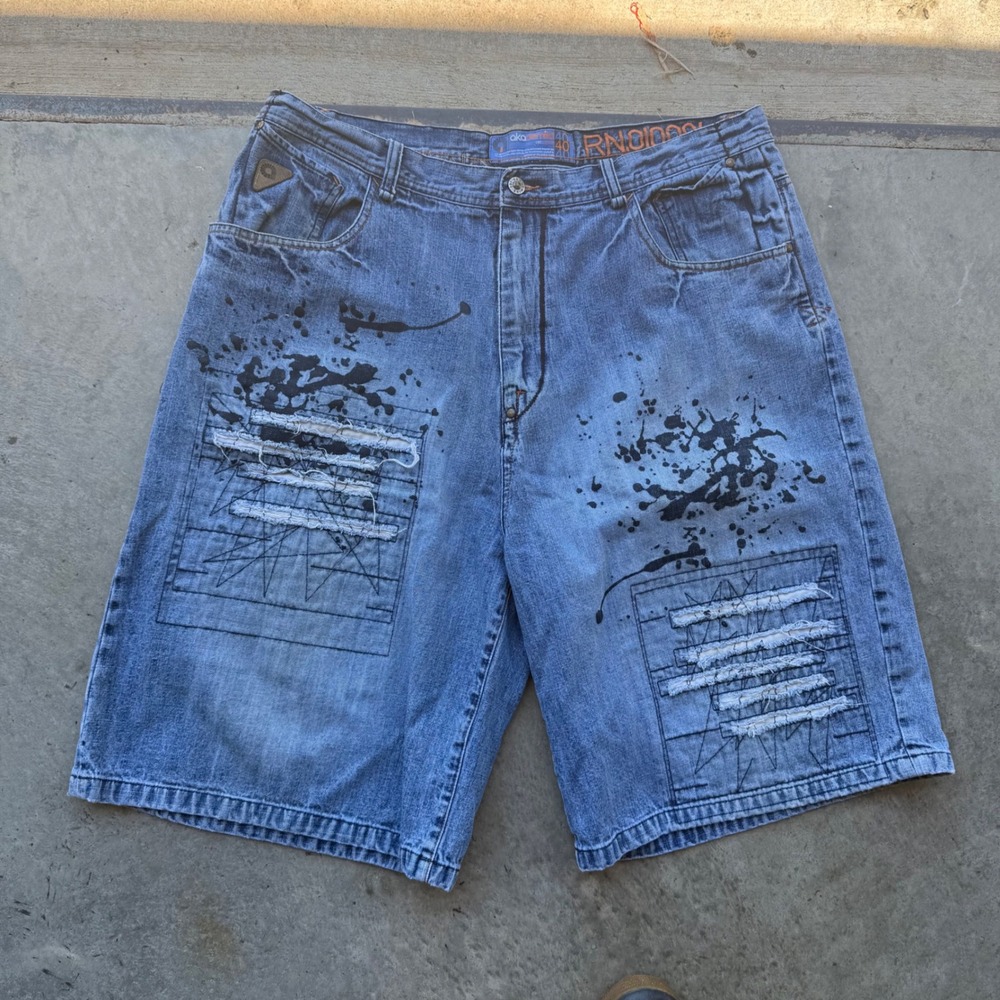 Akademiks Men 40 Blue Denim Shorts Paint Splatter Distress Baggy Y2K Streetwear‎